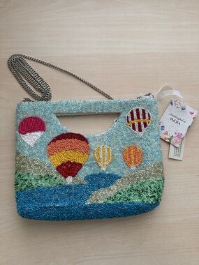 Viral Beaded Hot Air Balloon Clutch Bag in Blue and Multicolor